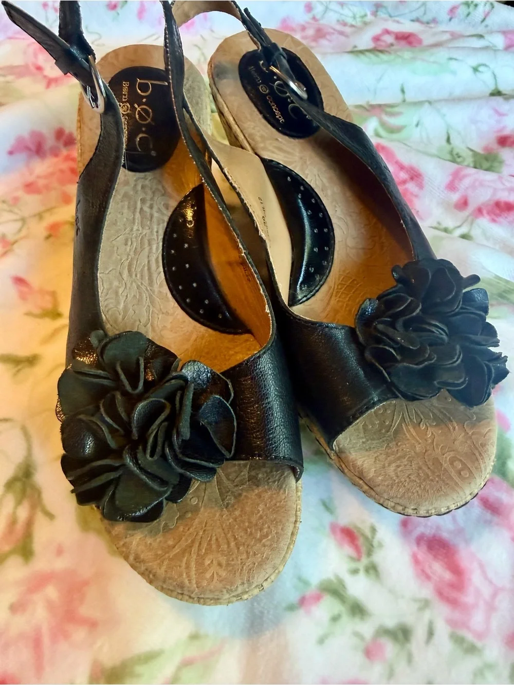 b.o.c. Black Floral Accent Wedge Sandals